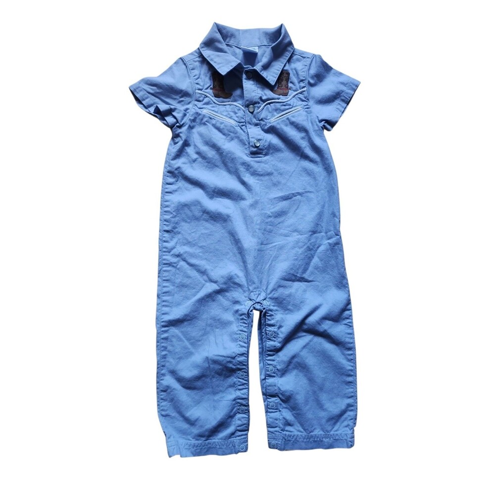 Gymboree Short Sleeve Coveralls 12-18 Month Blue Cowboy Pearl Snap Western Y2K